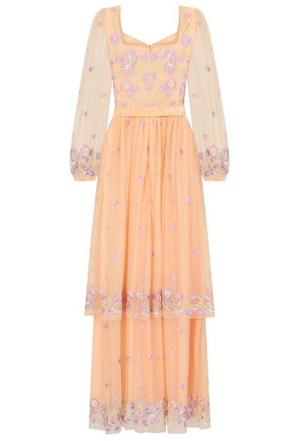 Almond Floral Embroidered Maxi Dress