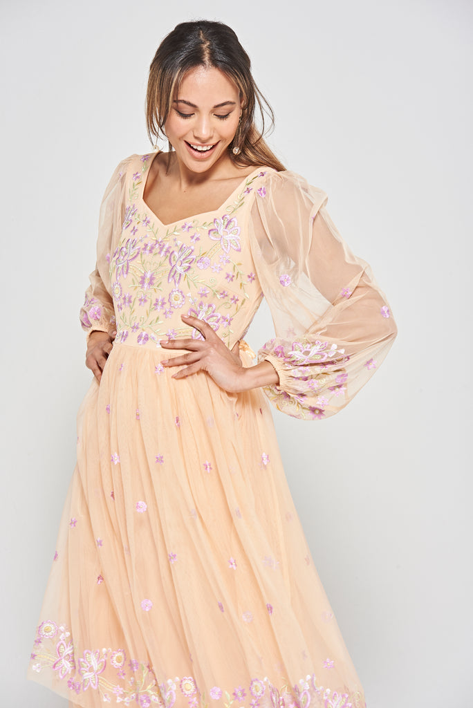 Almond Floral Embroidered Maxi Dress