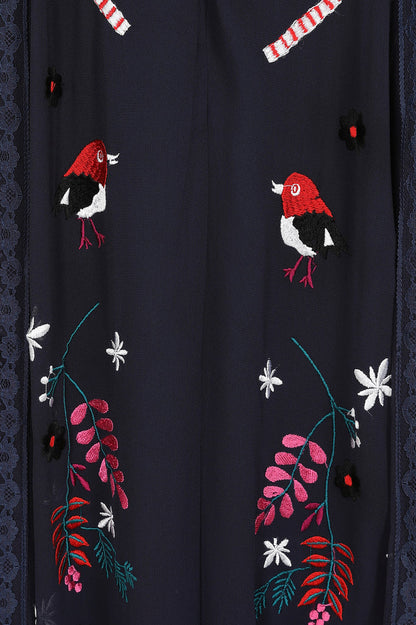 Navy Christmas Embroidered Maxi Dress with Lace Panels