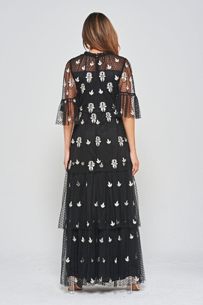 Black Leaf Embroidered Tiered Maxi Dress