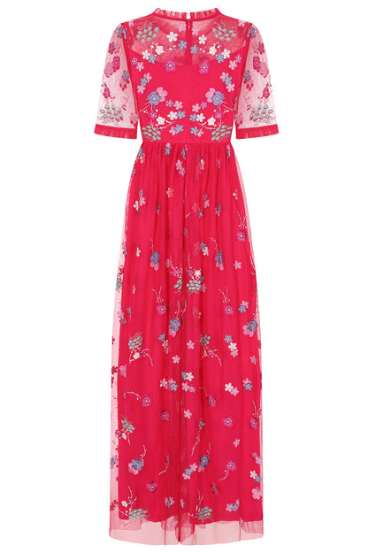 Crimson Floral Embroidered Maxi Dress