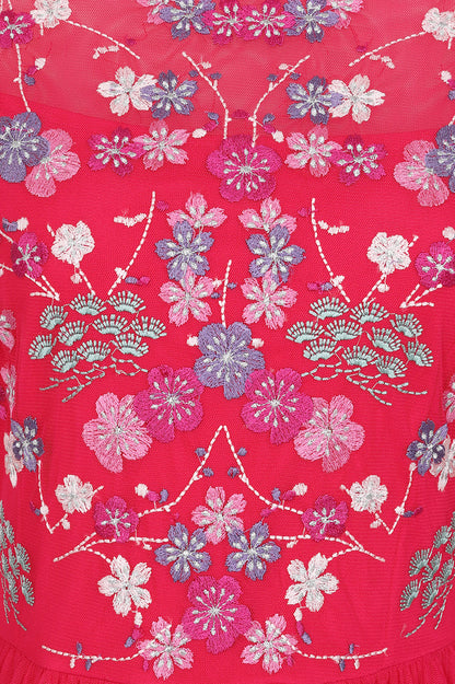 Crimson Floral Embroidered Maxi Dress