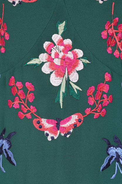 Green Floral Embroidered Midi Dress