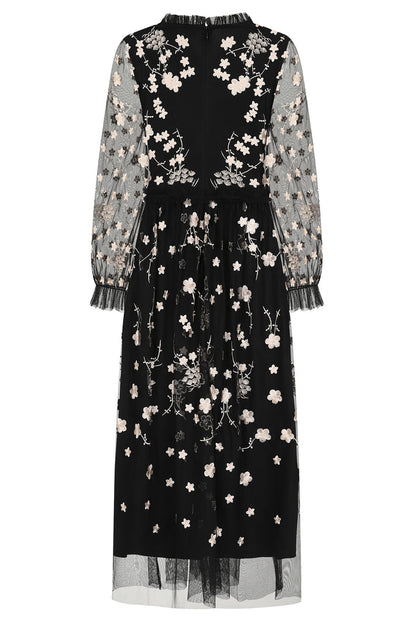 Black Floral Embroidered Midi Dress