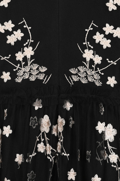Black Floral Embroidered Midi Dress