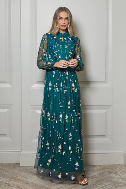 Alpine Green Floral Embroidered Maxi Dress